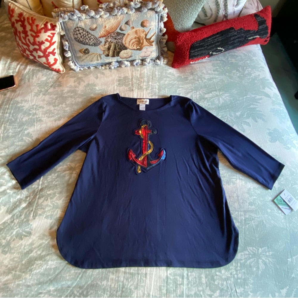 NWT Cathy Daniels Sequin Anchor Boatneck Tee, Petite - Picture 6 of 11
